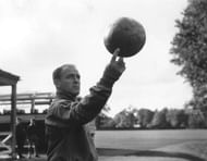 25th October 1960:  Spanish footballer Alfredo di Stefano, one of the world's greatest forwards, spinning a ball on one finger during Spain's team practice at Roehampton in preparation for their match against England at Wembley.  (Photo by Terry Disney/Central Press/Getty Images)